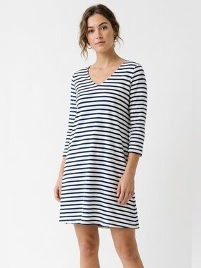 Two Danes Hemp Cotton Striped Blue & White Coastal Dress Size XS Cottagecore
